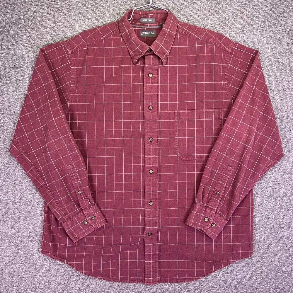 St Johns Bay Button Down Mens Large Burgundy Plaid Casual Jaspe Twill Shirt